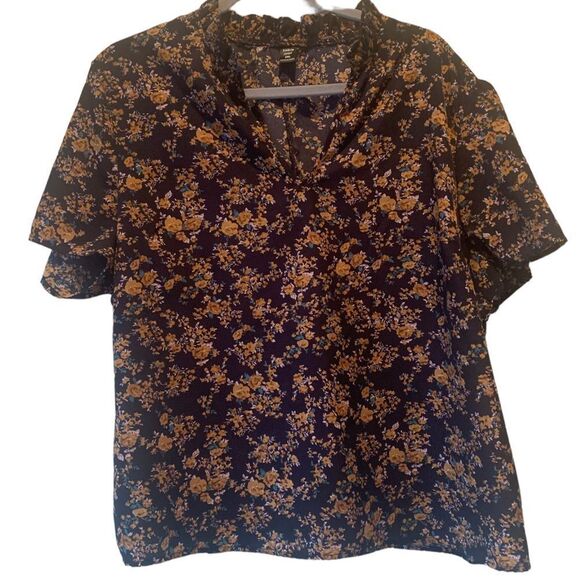 Shein Curve Allover Floral Notch Neck Blouse Size XXL 2XL Navy Blue Multi Ruffle - Picture 3 of 5